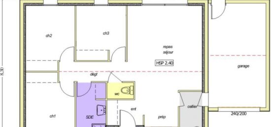 Plan de maison Surface terrain 72 m2 - 5 pièces - 3  chambres -  sans garage 